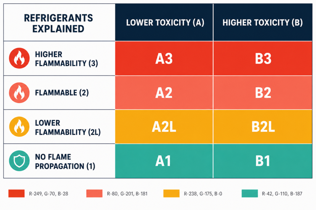 Refrigerant Toxicity and Flammability table